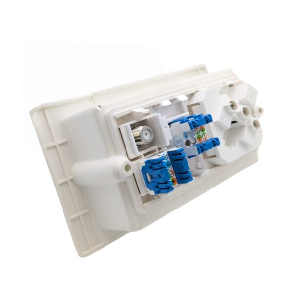 Syncbox SB-004 flush socket kit with 13A angled socket, CAT6 data ports, satellite connector, and recessed white cover for modern home setups.