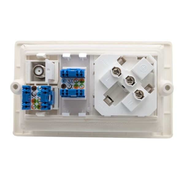 Syncbox SB-004 flush socket kit with 13A angled socket, CAT6 data ports, satellite connector, and recessed white cover for modern home setups.