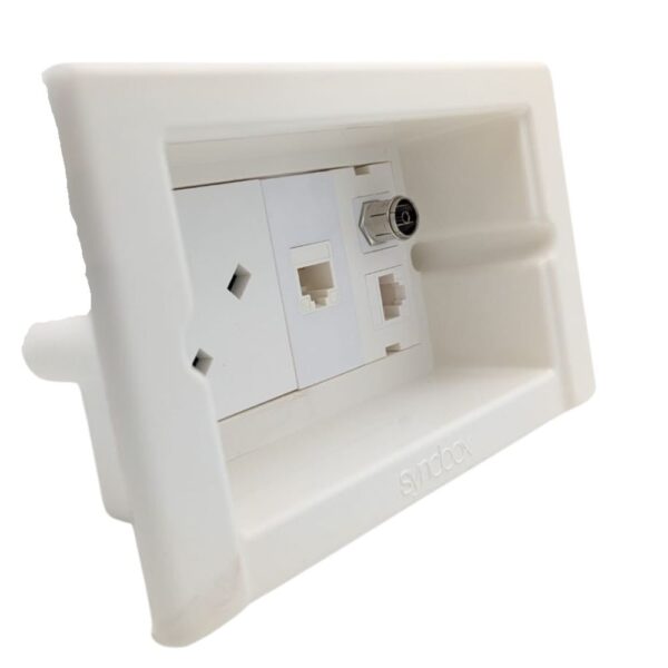 Syncbox SB-004 flush socket kit with 13A angled socket, CAT6 data ports, satellite connector, and recessed white cover for modern home setups.
