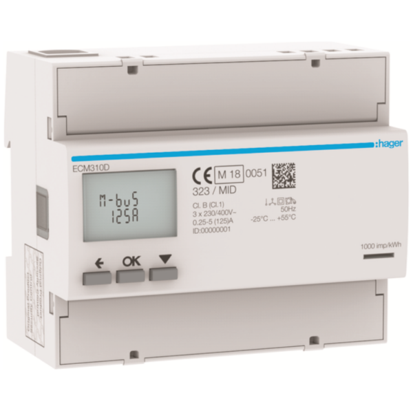 Hager ECM310D Hager 3 Phase kWhmeter Direct 125A 6M MBUS MID