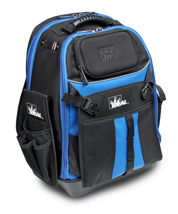 IDEAL 37-000 Pro Series Dual Compartment Tool Backpack, 18 Pockets, Drill Holster, Laptop Pocket, Protective Case, Rugged Bottom, Padded Straps.