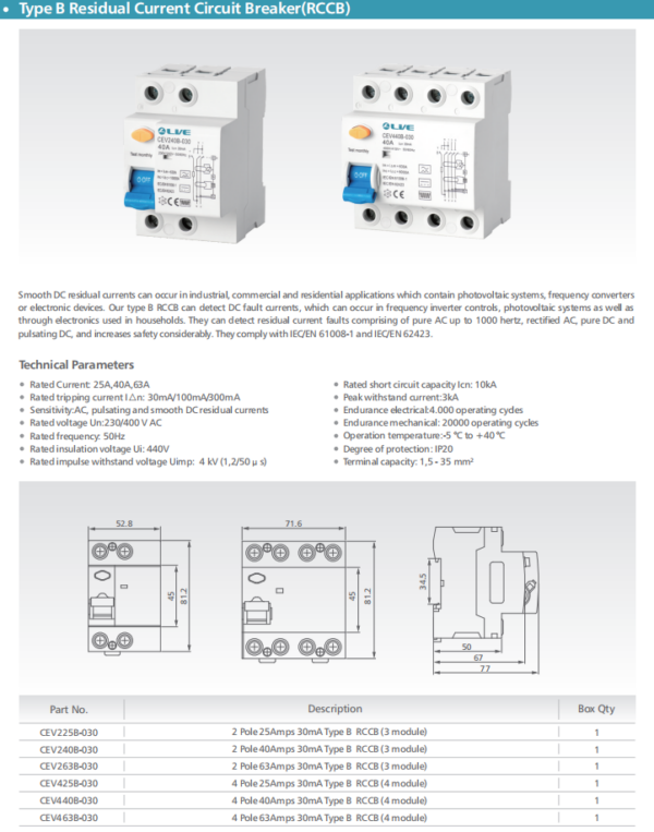Live Electrical CEV440B-030 Live Electrical 4 Pole 40A Type B RCCB 2