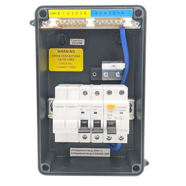 Metal IP65 Garage Consumer Unit with 63A 30mA RCD and 6A & 16A MCBs
