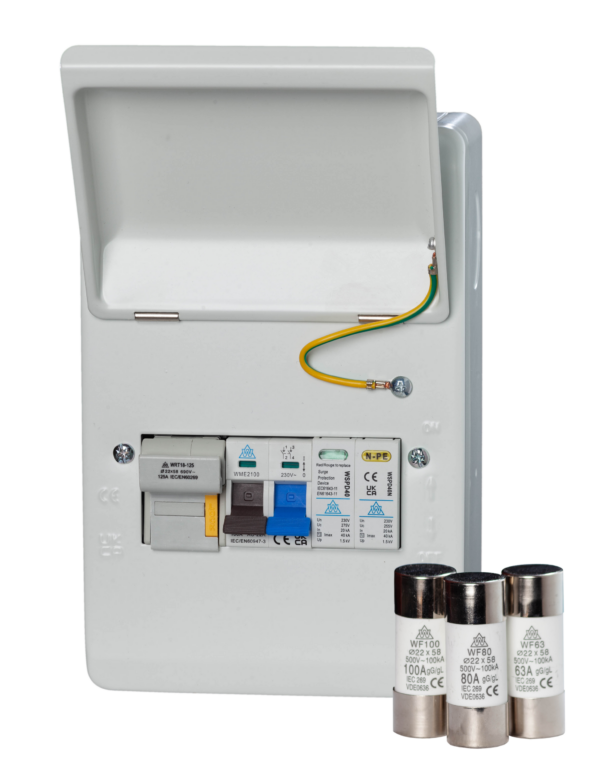 WCED WFMS100/3FSP WCED Metal Fused Main Switch with 3 Fuses & SPD 1