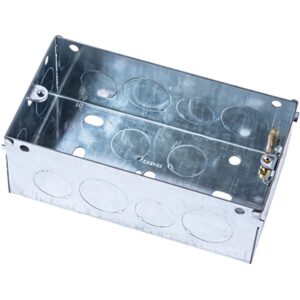 Niglon SB1 47mm 2 Gang Metal Back Box with one adjustable and one fixed lug, galvanised steel construction, and BS EN60670 / BS 4662 compliance.