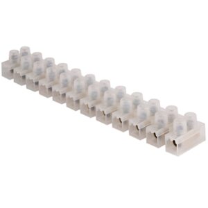 Unicrimp QTB5 5A Terminal Block Strip with 10 terminals, clear polyethylene body, and brass terminals for compact, low-current wiring setups.