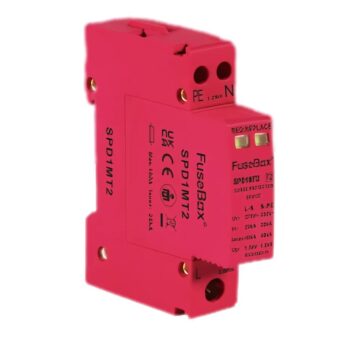 FuseBox SPD1MT2 T2 single module surge protection device with DIN rail mount and busbar connection for 230V single-phase circuits.
