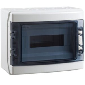 Garo GCUT112 IP65 Enclosure – 12-module weatherproof board with hinged transparent door and dual DIN rail positions.