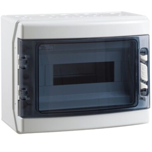 Garo GCUT112 IP65 Enclosure – 12-module weatherproof board with hinged transparent door and dual DIN rail positions.