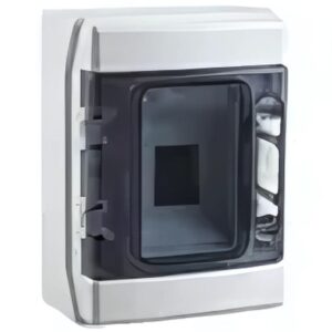 Garo GCUT4 4-module IP65-rated electrical enclosure with transparent UV-resistant door, impact-resistant housing, and flexible internal DIN mounting.