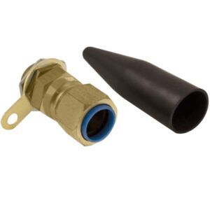 Unicrimp QCW63-LSF 63mm brass CW LSF gland with locknut, earth tag, and fire-retardant sleeve for armoured cables.